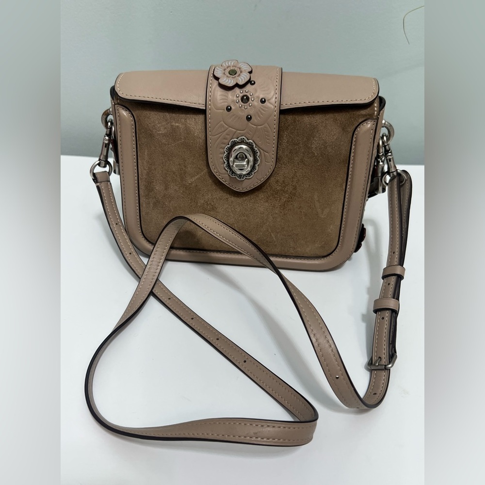 Auth COACH #12588 Page Crossbody With Painted Tea Rose Tooling - Suede & Leather